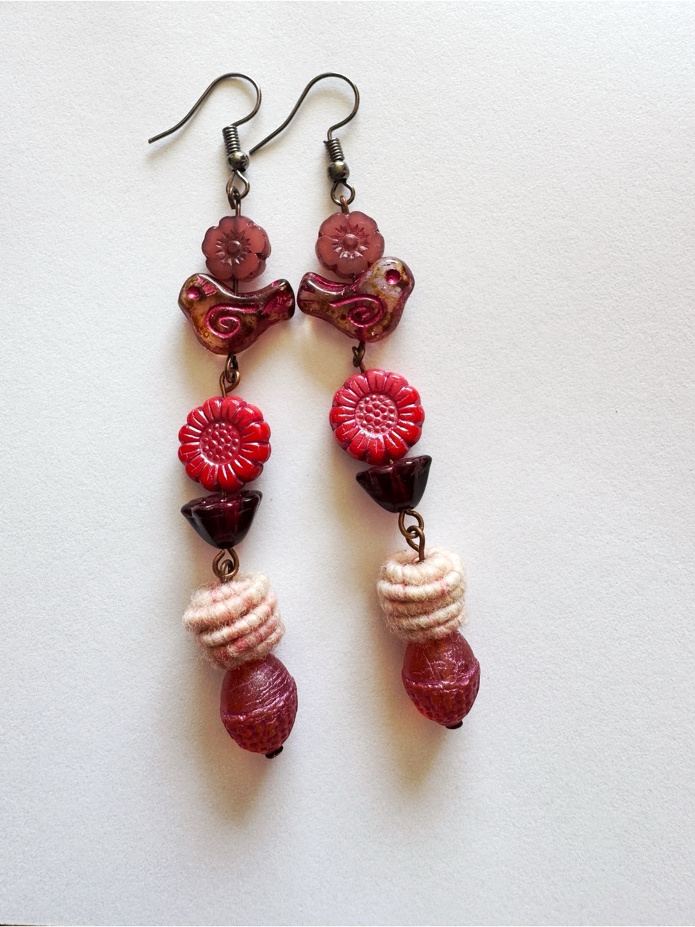 Handmade Boho Bird Earrings | Spanish Wool Bead | Red and Pink Floral
